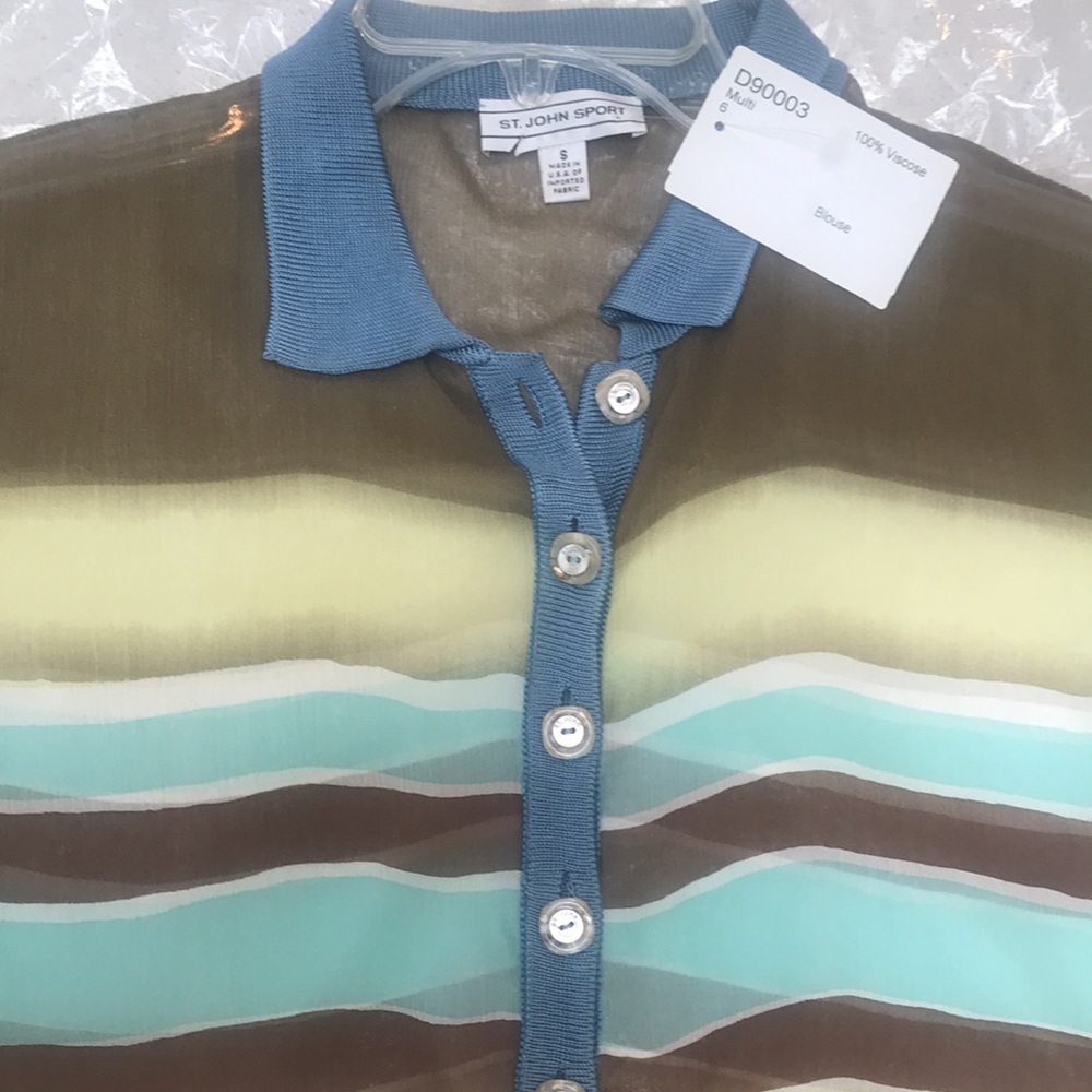 ST.JOHN SPORT multi color neutral blue/ yellow/brown /off white  stripes - Picture 2 of 6